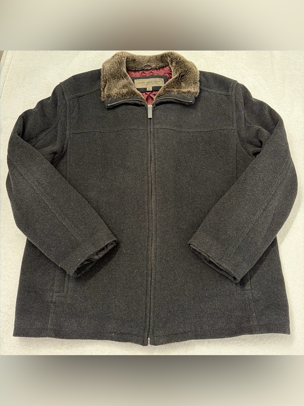 Marc New York Men's Charcoal Wool-Blend Zip Jacket with Faux-Fur Collar